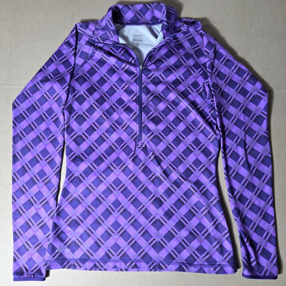 Nike Pro Hyperwarm Dri-FIT 1/2 Zip Pullover Top Womens M Purple Plaid 577185